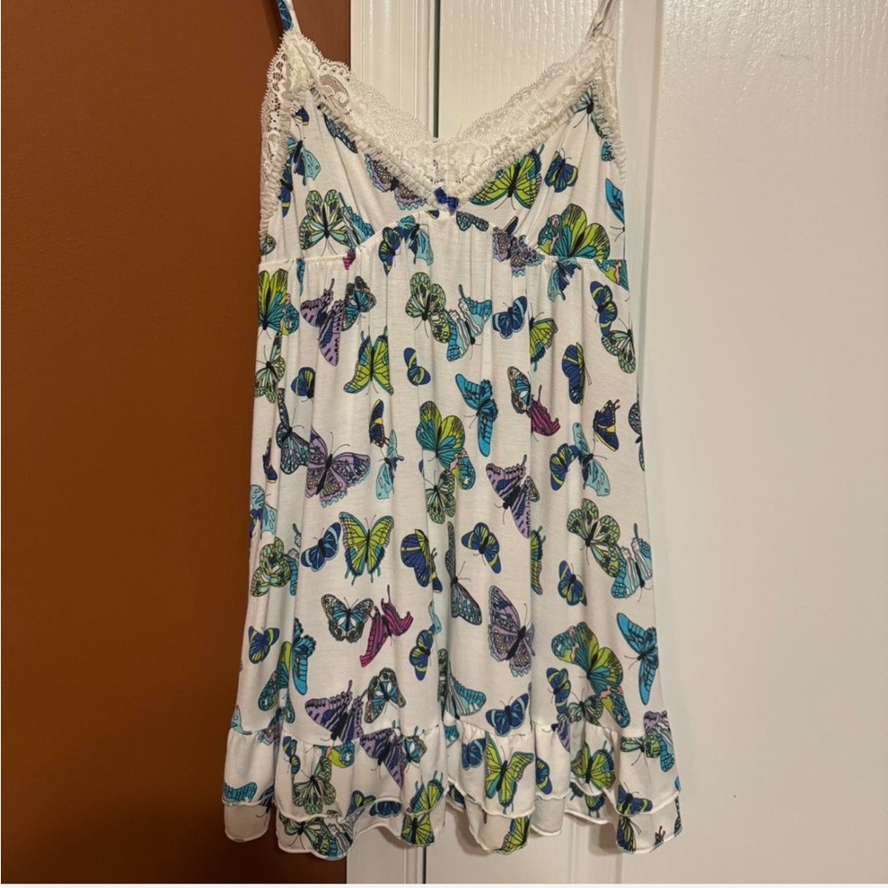 Victoria's Secret White Butterfly Print Lace-Trim Chemise